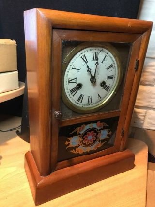 Antique 8 Day Ansonia Clock Co.  Wooden Mantle Clock Running With Key