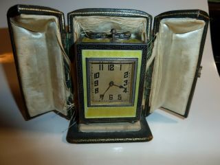 Swiss Art Deco Silver And Guilloche Enamel Sub - Miniature Travel Carriage Clock