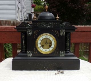 19th C French Black Slate,  Marble & Bronze Classical Mantel Shelf Clock