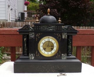 19th C French Black Slate,  Marble & Bronze Classical Mantel Shelf Clock 2