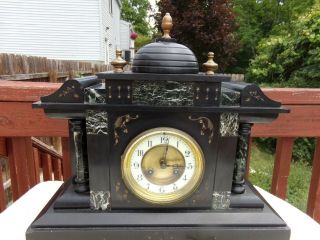 19th C French Black Slate,  Marble & Bronze Classical Mantel Shelf Clock 4