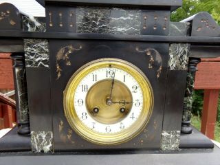 19th C French Black Slate,  Marble & Bronze Classical Mantel Shelf Clock 5