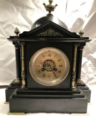 H&f Paris Antique French Ornate Slate Mantel Clock With Ornamentation