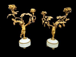 Pair Antique French Candelabra Candlesticks Marble Ormolu Bronze 1860 Garniture