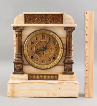 19thC Antique Victorian Kroeber Agate Stone & Bronze Column Cherub Mantle Clock 2
