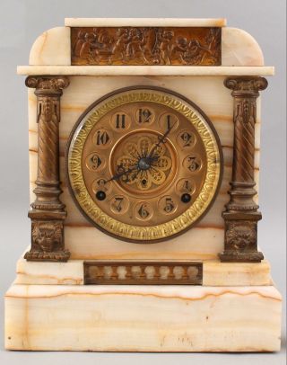 19thC Antique Victorian Kroeber Agate Stone & Bronze Column Cherub Mantle Clock 3