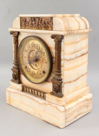 19thC Antique Victorian Kroeber Agate Stone & Bronze Column Cherub Mantle Clock 6