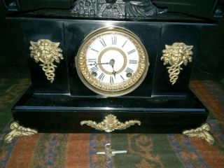 Rare Antique Ansonia Black Iron Mantel Shelf Clock W/ Pediment Usa