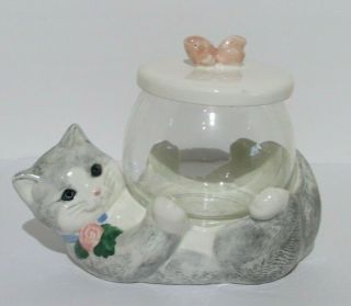 Vintage Treasure Craft Kitty Cat With Glass Fish Bowl Cookie Jar