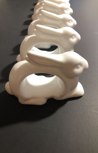 Set Of 8 White Rabbit Williams Sonoma Napkin Rings - Porcelain