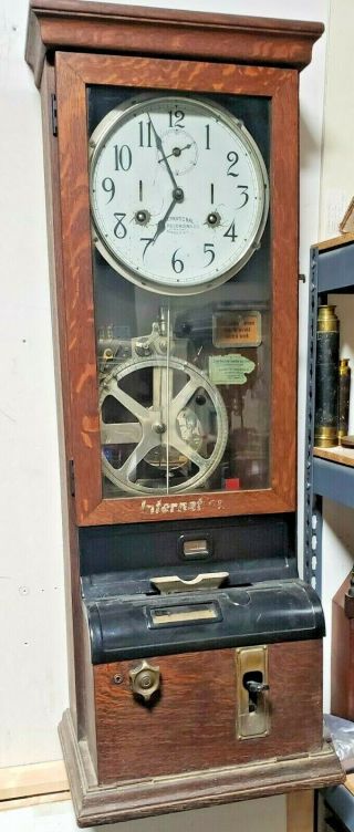 C 1908 International Time Recording Co Hanging Oak Time Clock
