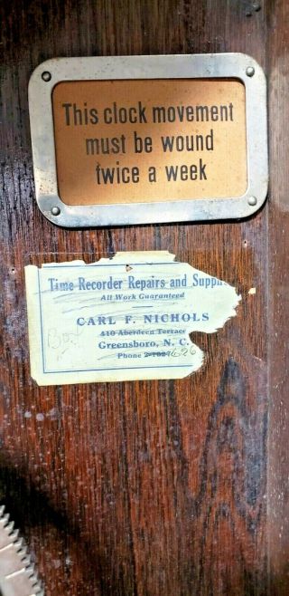 C 1908 INTERNATIONAL TIME RECORDING CO HANGING OAK TIME CLOCK 3