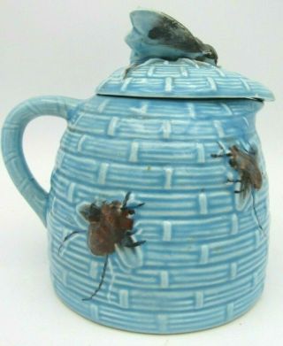 Vintage Blue Ceramic Beehive Honey Pot Jar Pitcher With Lid 4 " H - 3 1/2 " D