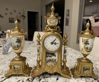 Imperial 3 Piece Bronzed & Porcelain Garniture Set Mantle Clock