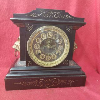 Ansonia Iron Mantle Clock With Leather Dial And Mythological Devils - - Circa 1901