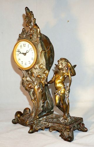 Atq Art Nouveau Brass French Bronze Style Mantel Clock CUPID Waterbury Clock Co 2