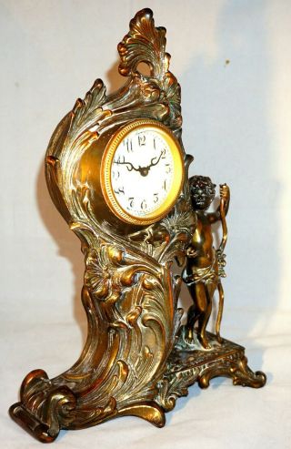 Atq Art Nouveau Brass French Bronze Style Mantel Clock CUPID Waterbury Clock Co 3