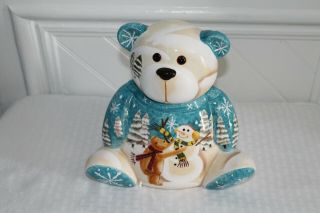 Adorable Holiday Christmas Bear Ceramic Cookie Jar By Apple Tree Design - Nib