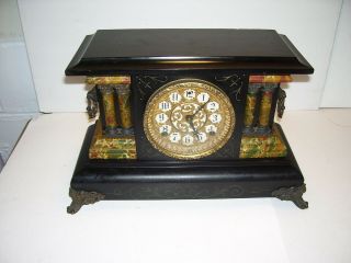 Vintage Sessions Mantle Clock Black Lacquer 4 Column Brass Handles & Feet W/key