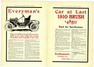 1910 Brush Runabout Motor Car 2 Separate Page Ad: Full Specs Listed - Detroit Mi