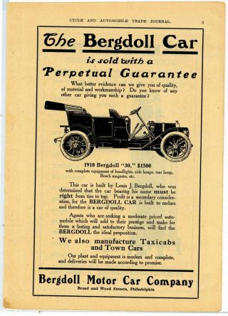 1910 Bergdoll Motor Car Co.  Ad: Model 30 Automobile - Philadelphia,  Pennsylvania