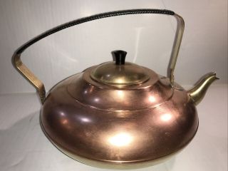 Vtg Mid Century Teapot Kettle Brass & Copper - Rivets With Woven Handle Holland