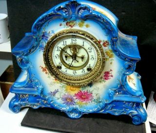 Vintage Ansonia Porcelain Case,  Open Escapement.  Royal Bonn.  Blue,  White,  Flor