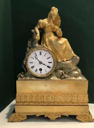 French Figural Mantle Clock Gilt Finish Silk Suspension Early 1800s