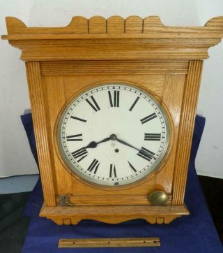 Vintage Ansonia Oak Wall Wind Up Clock W/ Key & Pendulum
