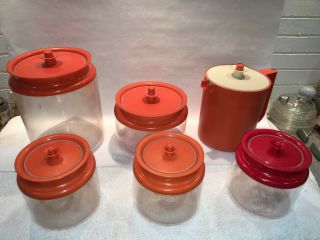 5 Vintage Tupperware Clear Acrylic Push Button Orange Red Lid Canisters,  Pitcher
