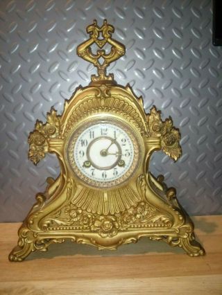 1800s Waterbury Clock Co.  Art Nouveau Brass Wind Up Mantle Clock - Runs - Needs Work