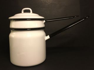 Enamel Double Boiler Vintage White Black Trim 3 Piece Set