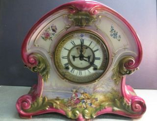 Royal Bonn Porcelain Mantle Clock - Ansonia - Circa Late 1800 