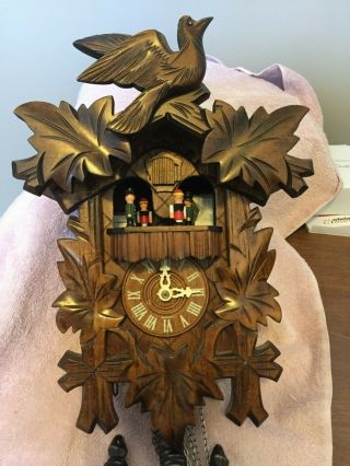 Musical Black Forest Cuckoo Clock Carved Wood With Dancers