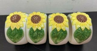 Vtg Otagiri Ceramic Round Sunflower Napkin Rings Set Of 4 Japan White Yellow