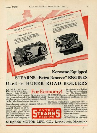 1928 Stearns Motor Mfg.  Co.  Ad: Motors For Huber Roller,  Ludington,  Michigan