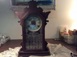 Antique Mantle Shelf Clock Carved Wood Victorian Gingerbread