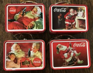 Coca Cola Christmas Santa Claus Theme Tin Mini Lunch Box Ornament All 4