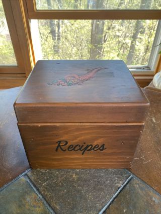 Vintage Wood Recipe Box Large Divided Hand Carved Cornucopia Farmhouse Decor