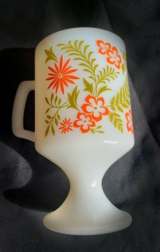 Vintage Groovy Retro Orange Green Flowers Pedestal Cup Footed Mug Milk Glass 70s