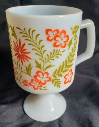 Vintage Groovy Retro Orange Green flowers Pedestal Cup Footed Mug Milk Glass 70s 2