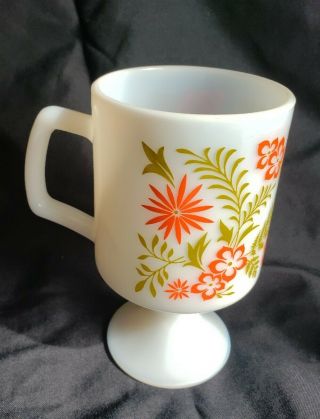 Vintage Groovy Retro Orange Green flowers Pedestal Cup Footed Mug Milk Glass 70s 3