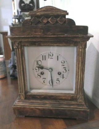 Good Running Antique German 8 - Day Time & Strike Mantel Clock With Faux Finish