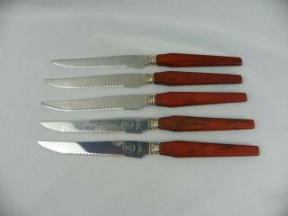 Vintage Glo - Hill Steak Knife Set Of 5 Brown Bakelite Handles Serrated Blades