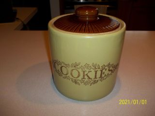 Cookie Jar Monmouth Usa Glazed Stoneware Crock Vintage Cookies Tan Brown Round
