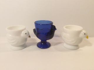 Vintage Opalex Chicken Egg Cups Milk Glass Cobalt Blue Glass France