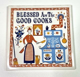 Vtg Mid Century Berggren Traynor Folk Art Floral Blessed Good Cooks Ceramic Tile