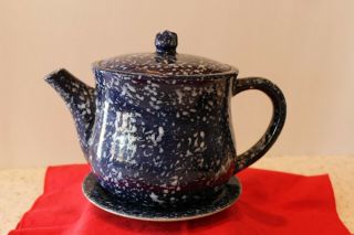 Red Wing Pottery Coffee Tea Pot Cobalt Blue & White Sponge Ware Speckled Usa