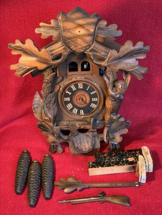 Lrg.  Antique German Black Forest Hunter Style Musical Cuckoo Clock Case Project