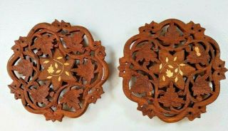 Vtg Hand Carved Wood Kitchen Trivets " Maple Leaf Theme " Made In India
